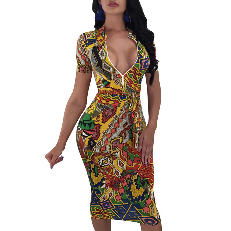 Yellow Colorful Zipper Band Collar Bodycon Clubwear Party Dress Zippe