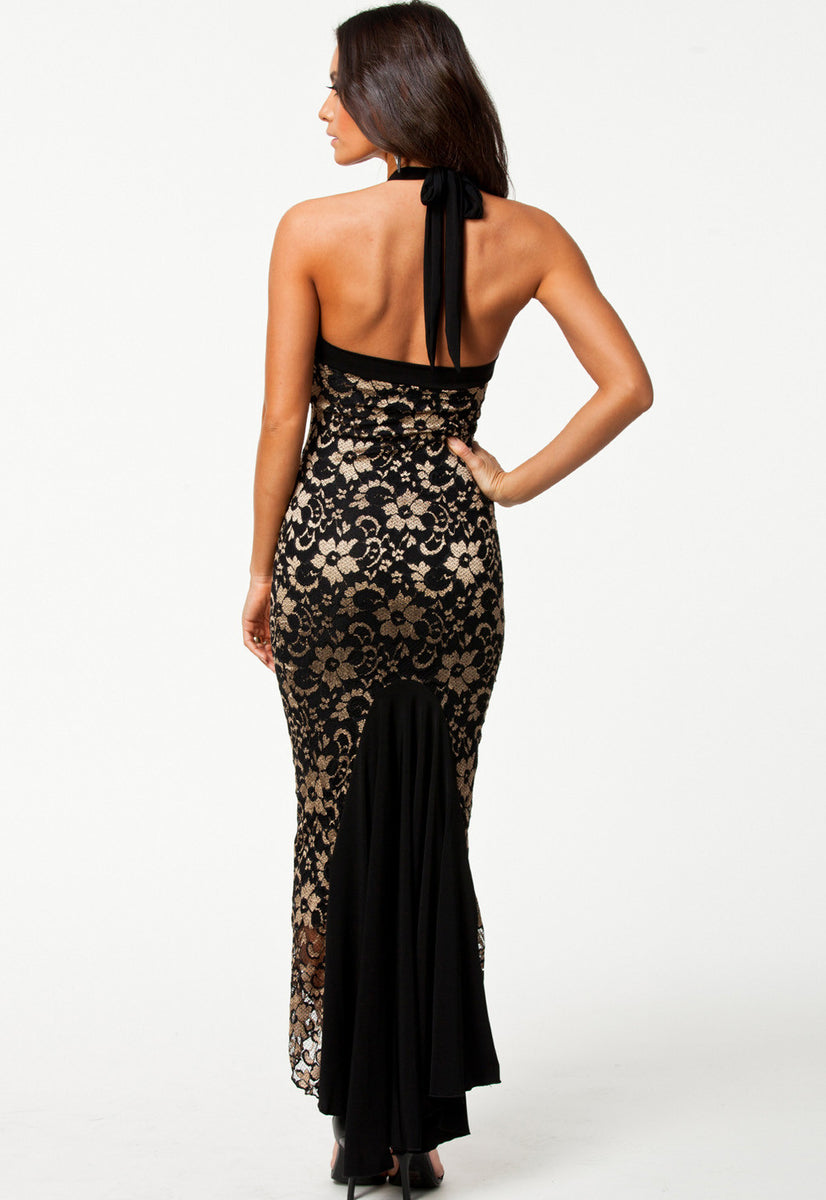 Glamorous Mermaid Halter Neck Sleeveless Lace-Accented Satin Black Maxi Evening Dress