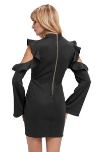 Black Cold Shoulder Ruffle Long Sleeve Bodycon Dress