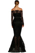 Black Eyelash Lace Off Shoulder Long Sleeve Mermaid Dress
