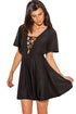 Black Laceup Deep V Neck Kimono Sleeve A Line Dress