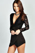 Black Long Sleeve Lace Plunge Skort Playsuit