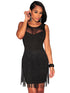 Black Mesh Accent Fringe Mini Dress