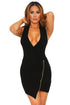 Black Ribbed Knit V Neck Bodycon Mini Dress