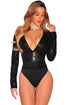 Black Sequins Spliced Bodice Long Sleeves Bodysuit