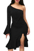 Black Twist and Ruffle Accent One Shoulder Prom Dress