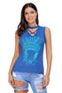 Blue Crisscross V Neck Printed Sleeveless Choker Tank Tops
