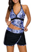 Blue White Spots V-neck Tankini Wrapped Skirt Swimsuit