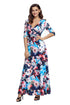 Bluish Floral Print Wrapped Long Boho Dress
