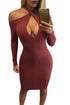 Burgundy Cold Shoulder Long Sleeve Plunge Halter Dress