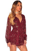 Burgundy Flowing Sequins Long Sleeves Romper