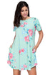 Casual Pocket Design Mint Floral Short Boho Dress