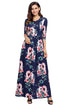 Sexy Classic Floral Print Navy 3/4 Sleeve Maxi Dress.