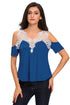 Crochet Detail Blue Cold Shoulder Short Sleeve Top