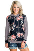 Dark Blue Pinstripe Accent Floral Print Drawstring Hoodie