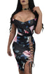 Dark Floral Lace-up Detail Off Shoulder Sheath Dress