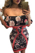 Dark Floral Print Ruffle Off Shoulder Dress