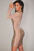 Gold All-Over Sequined Sheer Long Sleeves Bodycon Club Dress
