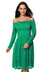 Green Long Sleeve Floral Lace Boat Neck Cocktail Swing Dress