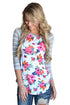 Grey Striped Sleeves White Floral Top