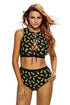 High Waist Lace-up Pineapple Print Black Tankini