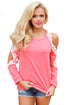 Lace Trim Cold Shoulder Coral Long Sleeve Top
