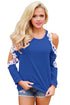 Lace Trim Cold Shoulder Royal Blue Long Sleeve Top