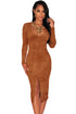 Mocha Faux Suede Long Sleeves Slit Dress