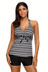 Monochrome V Neck Stripe Print Halter Tankini Swimsuit