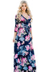 Navy Blue Big Flower Print Wrap V Neck Boho Dress