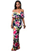 Navy Blue Roses Print Off-the-shoulder Maxi Dress