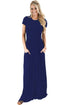 Navy Blue Short Sleeve Ruched Waist Maxi Dress