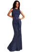 Navy Lace Satin Patchwork Party Maxi Dress