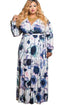 Navy Purple Floral Print Sash Tie Plus Size Maxi Dress