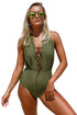 Olive Green Lace Up Halter One Piece Swimsuit
