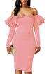 Pink Ruffle Off The Shoulder Long Sleeve Bodycon Dress