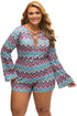 Plus Bright Zigzag Print Deep V Lace-up Long Sleeve Playsuit