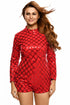 Red Diamond Sequins Long Sleeves Romper
