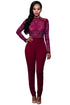 Red Long Sleeves Rhinestone Mesh Bodice Formfitting Jumpsuit