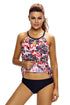 Reddish Leaf Print Cutout High Neck Swim Top