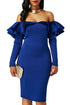 Royal Blue Ruffle Off The Shoulder Long Sleeve Bodycon Dress