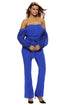 Royal Blue Tie Waist Long Sleeve Off Shoulder Jumpsuit