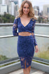 Sexy 2pcs Blue Flower Lace Long Sleeves Skirt Set
