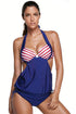 Sexy 2pcs Navy Splice Red White Stripes Halter Tankini Swimsuit