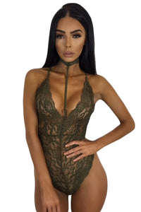 Sexy Army Green Sheer Lace Choker Neck Teddy Lingerie