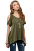 Sexy Army Green V Neck Cold Shoulder Swing Top