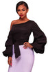 Sexy Black Asymmetrical Shoulder Ruffle Sleeve Top
