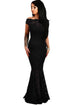 Sexy Black Bardot Lace Fishtail Maxi Dress