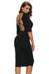 Sexy Black Bodycon Mock Neck O-ring Accent Cut out Half Sleeve Midi Dress