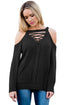 Sexy Black Cold Shoulder Lace up Detail Knit Sweater Top